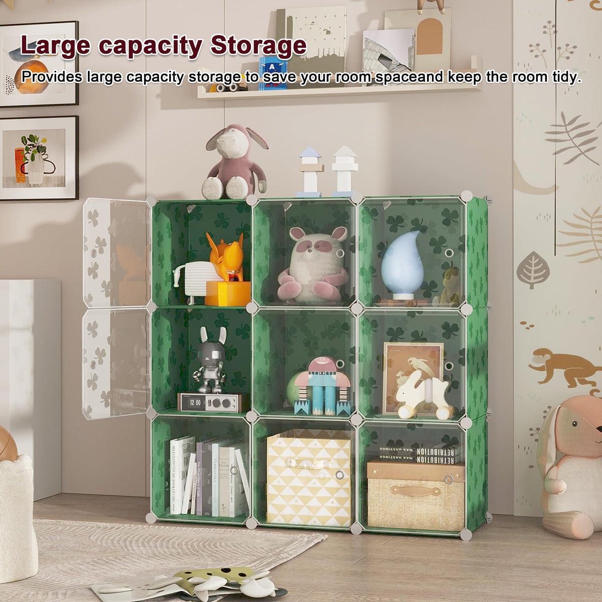 C&AHOME Cube Storage Organizer with Doors, 10-Cube Shelves, DIY Plastic Modular Bookshelf, Closet Clothes Storage Shelving Ideal for Bedroom, Living Room, Clover Embossed, Green