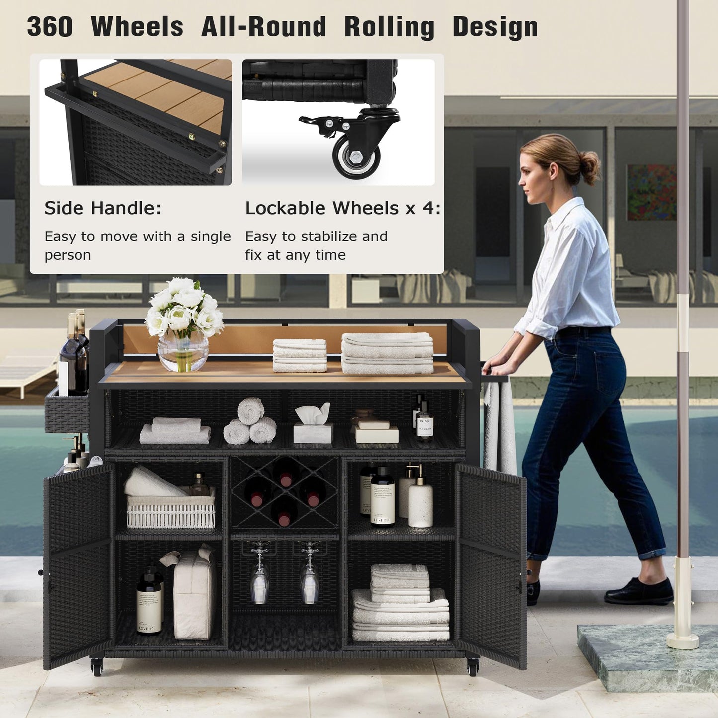 YOPTO Outdoor Grill Cart with Foldable Design,7-Tier Shelves,Lockable Wheels,Wine Rack & Weather-Resistant Wicker Rattan for Indoor/Outdoor Use,Black Brown