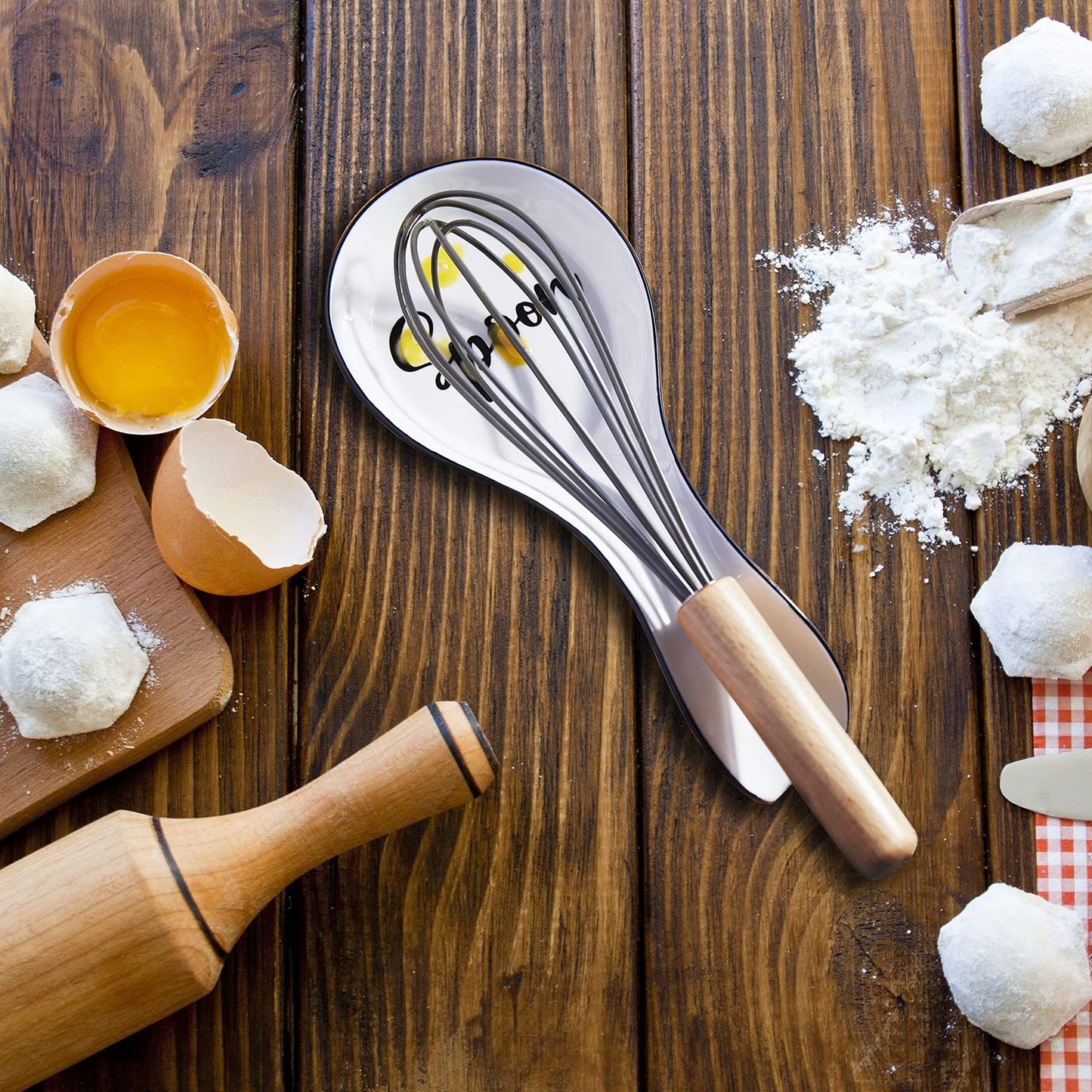 Ceramic Spoon Rest for Stove Top, DAYYET Large Spoon Holder, Farmhouse Spoon Rest for Kitchen Counter, White Bundle Farmhouse Salt and Pepper Bowls, 10 oz Ceramic Salt Cellar with Wooden Lid