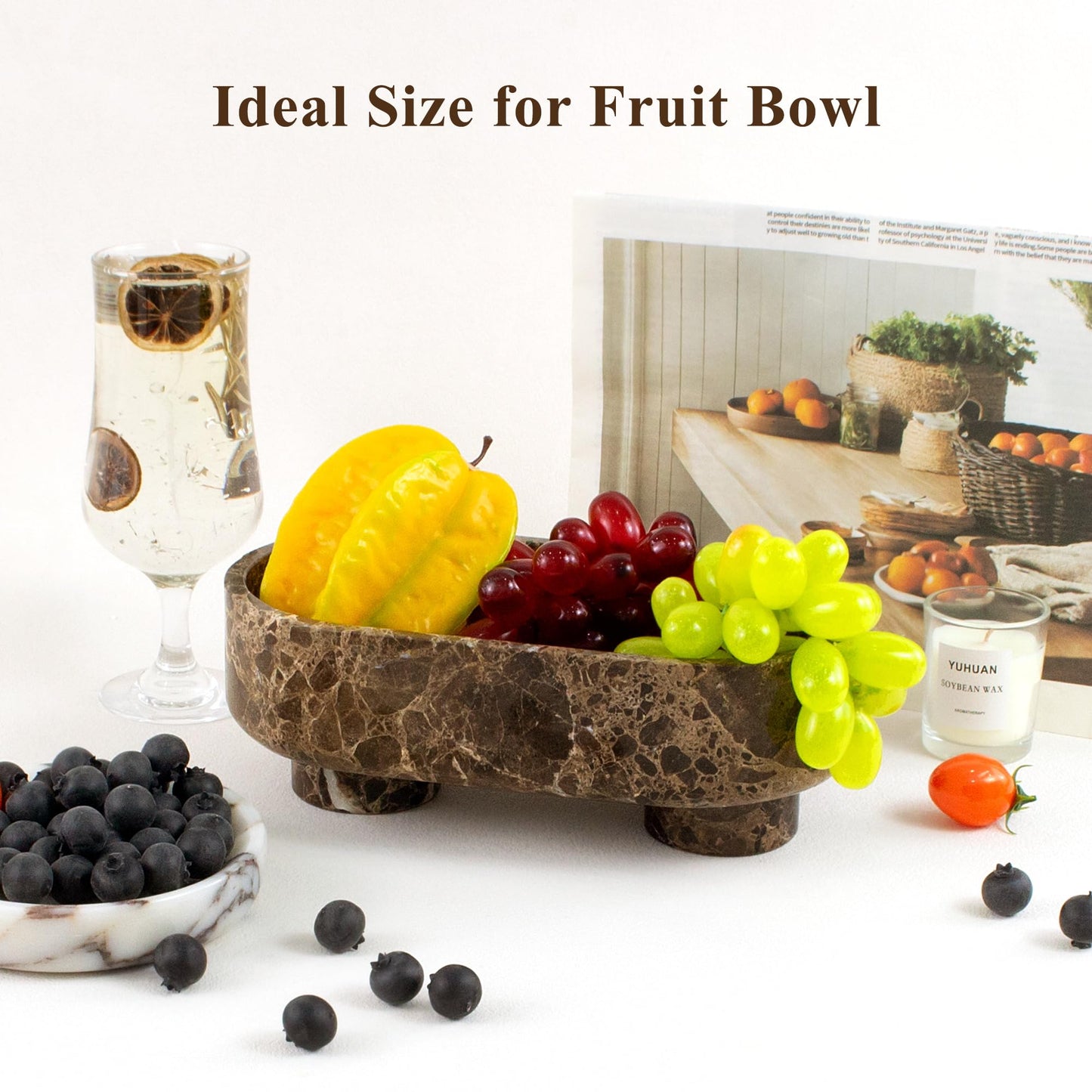 LIN CHUAN Natural Oval Marble Fruit Bowl for Kitchen Counter | Two-Legged Decorative Pedestal Bowl for Dining Table Decor, 10" Luxury Entryway Catchall Purse Bowl - Dark Brown