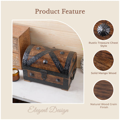 Ajuny Wooden Pirate Treasure Chest Jewelry Box – Handcrafted Vintage Keepsake Organizer with Shell Strips, Perfect for Necklaces, Earrings, and Trinkets, 9x6 Inch Gift Box