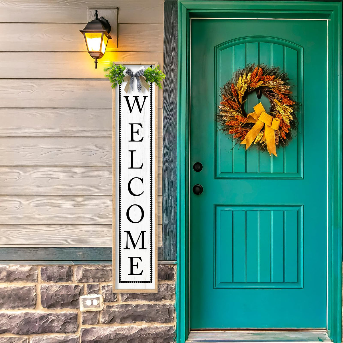 Aurapeak Welcome Sign for Front Porch Door Standing, Outdoor Large Wooden Home Rustic Farmhouse Yard Vertical Hanging Modern Entryway Plaques Outside Decorations (45"X9" Wood)