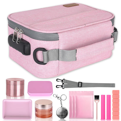 PODAHO Travel Cosmetic Carrier Bag with 10 Accessories, Multi-Use Storage Box Case with Combination Lock, Portable Food Containers Pouch, Great Gift for Women, (Pink Set)