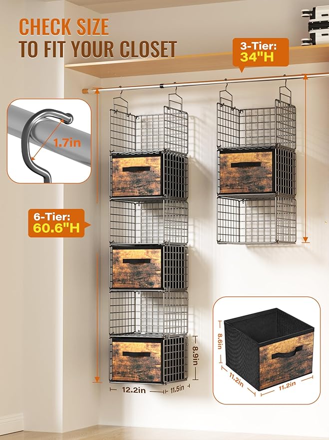 Closet Hanging Organizer with Drawers, 6 Tier Metal Closet Organizers and