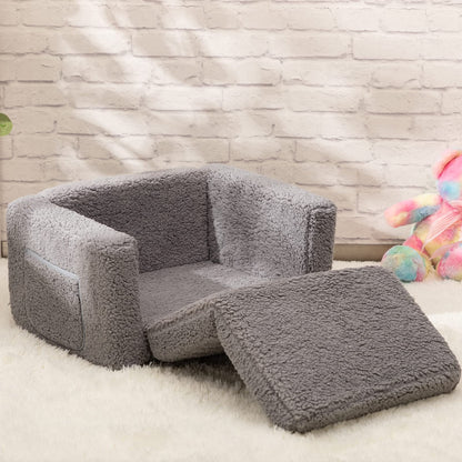 BEJOY Kids Sofa Bed 2-in-1 Flip Out Cuddly Sherpa Toddler Couch Convertible Chair to Lounger Children Sofa Bed Children's Day and Birthday Gift for Girls Boys, Grey