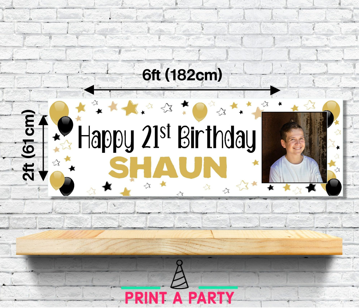 Large Personalised Banner Any Occasion Name with Photo for Men Women Boys Girls (6ftx2ft with PHOTO, Gold & Black Stars)