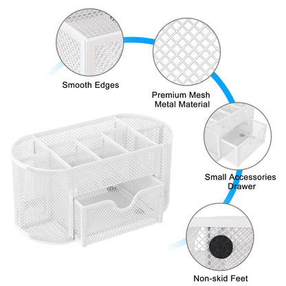 EasyPAG Mesh Pen Holder Desk Organizer with Drawer Stationery Supplies Organizer for Dorm School 9 Compartments Workspace Desk Accessories Organization for Office, White
