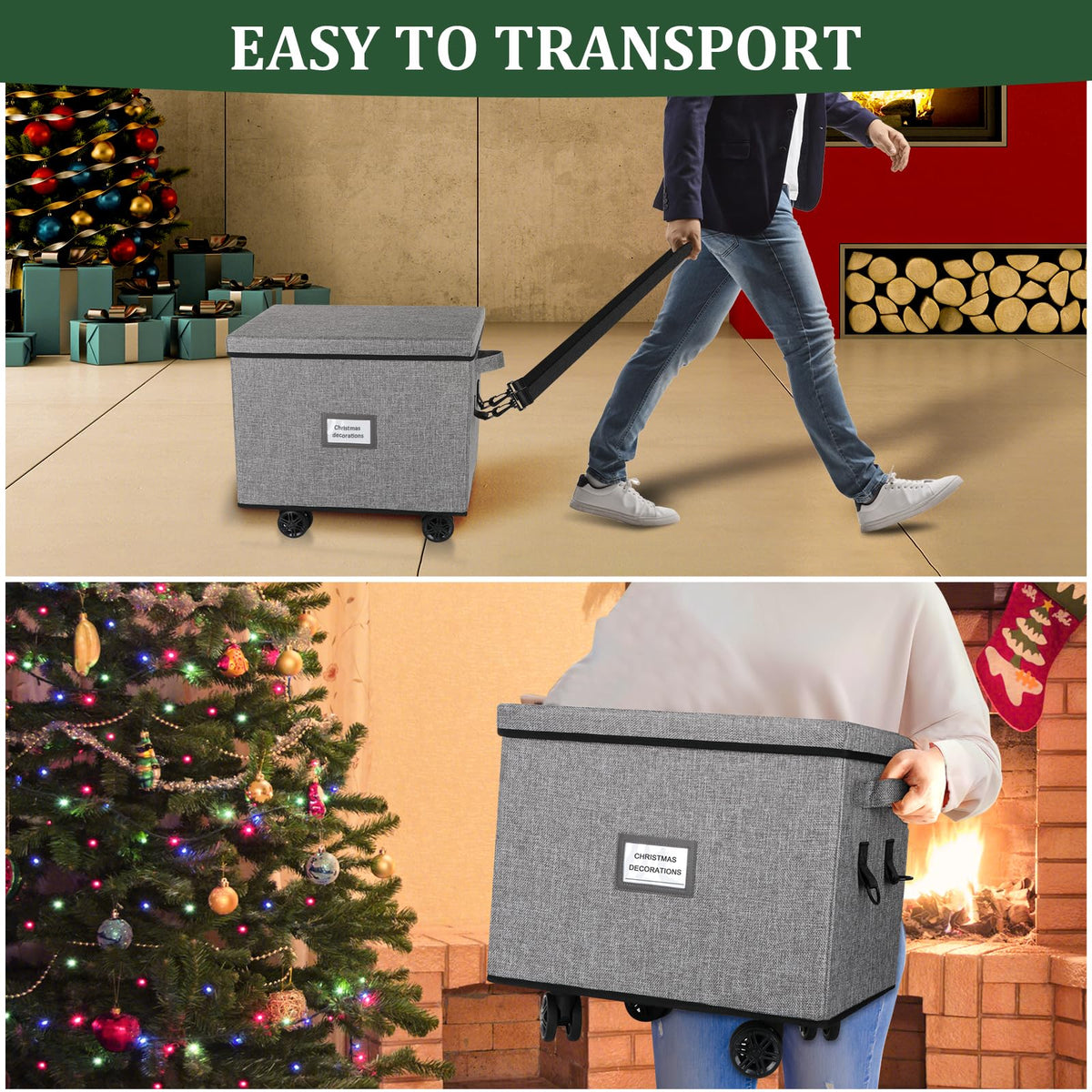 Lukeline Rolling Christmas Ornament Storage Box, Holiday Ornament Organizer with 3 Individual Removable Trays, Large Capacity Christmas Ornament Box with Tow Rope and Double Handles