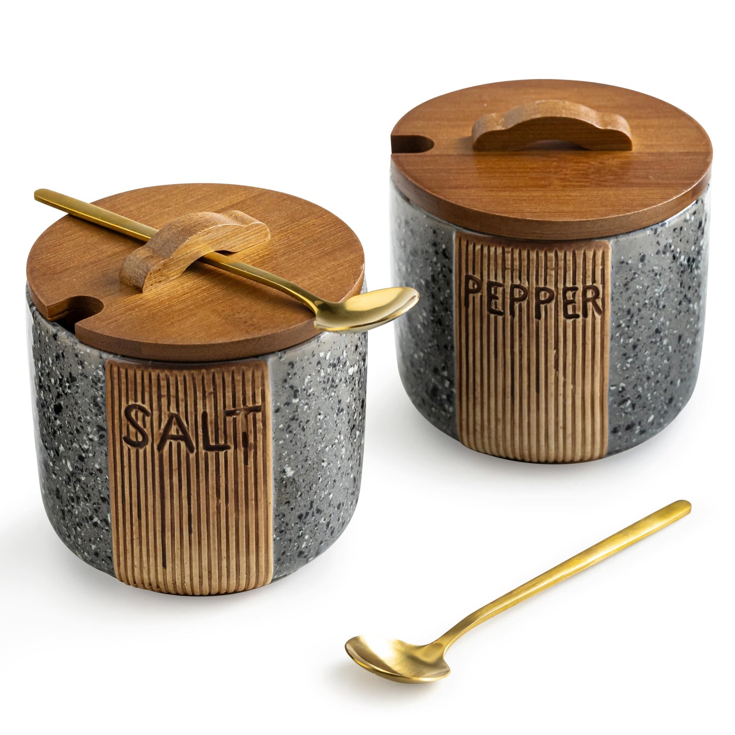 YHOJOY Salt and Pepper Bowl Ceramic, 10 Oz Salt Containers for Countertop Salt Cellar with Wooden Lid and Spoons, Salt and Pepper Set