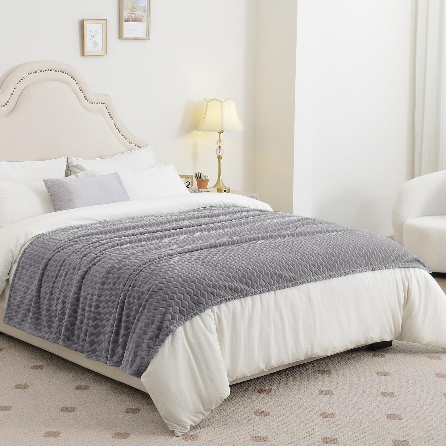 PLEASANT BOULEVARD | Super Soft FleeceThrow Blanket Velvet Wave Pattern Lightweight Cozy Flannel Blankets for All Seasons, Elegant Comfort Luxury Grey Fluffy Blankets, Throw (50" x 60")