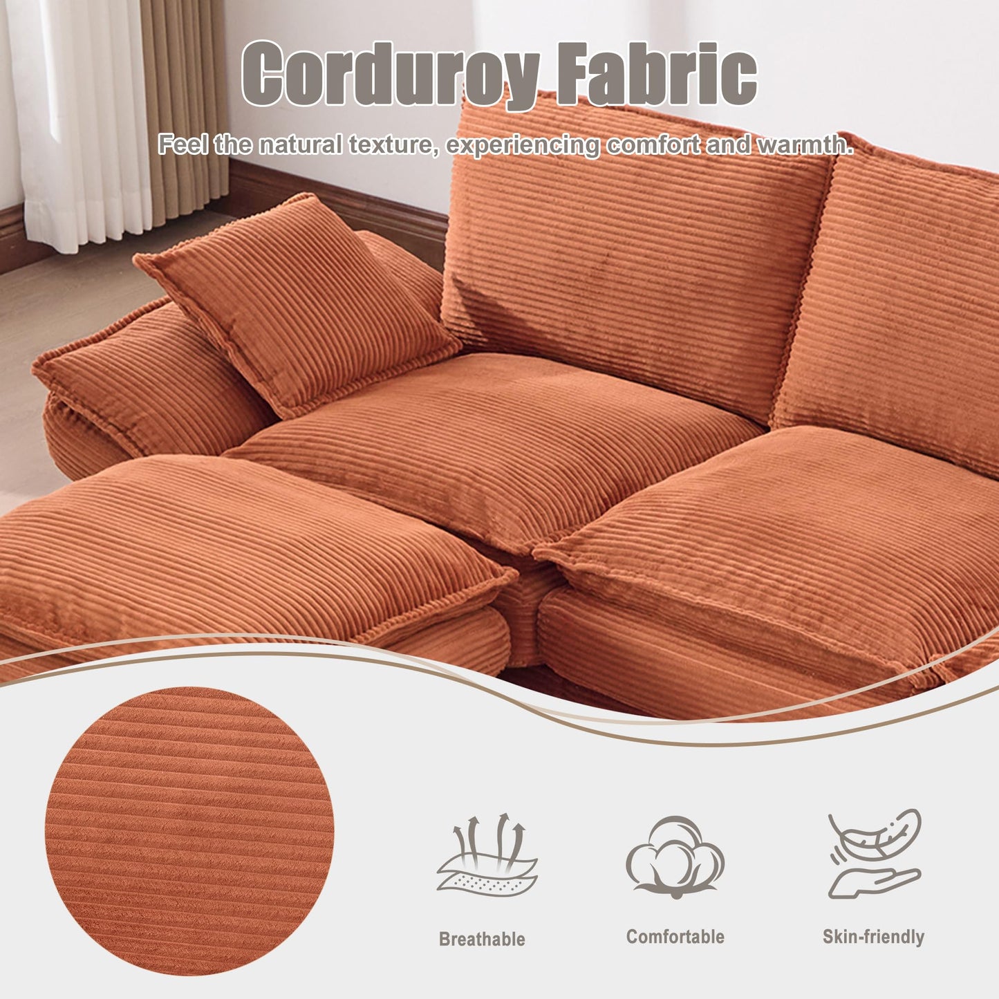 130" Oversized Modular Cloud Sectional Sofa Convertible U/L Shaped Couch Sets for Living Room - 6 Seater Corduroy Cloud Cushion Couches with Storage Ottomans and Pillow Armrest