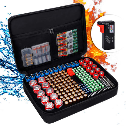 ENGPOW Battery Organizer, Fireproof Battery Organizer Storage Case with Tester (BT168),Water-Resistant Explosionproof Battery Holder Box with Cover and Zipper, Holds 220+ AA AAA C D 9V Batteries