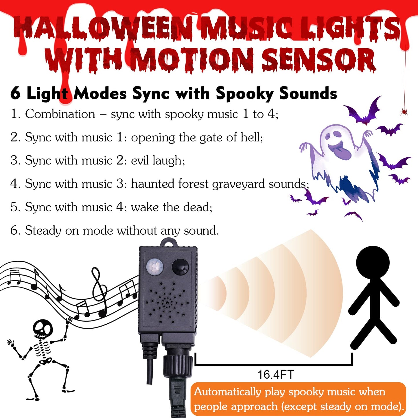 Halloween String Lights with Music Sync Spooky Sounds - 6 Lighting Modes, 300 LED Lights for Haunted Party Yard Room Decor (Orange)