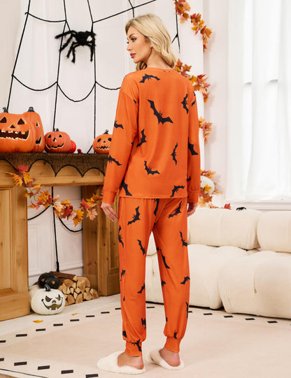 Blooming Jelly Womens Cute Pajama Sets Bat Long Sleeve Halloween Pjs Drawstring Lounge Sets 2025 (M, Orange)