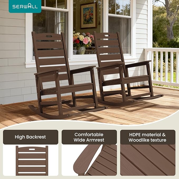 SERWALL Outdoor Rocking Chair Set of 2, Oversized Rocking Chair with Footboard for Adults, HDPE All Weather Resistant Rocking Chairs for Patio, 350lbs Weight Capacity, Brown