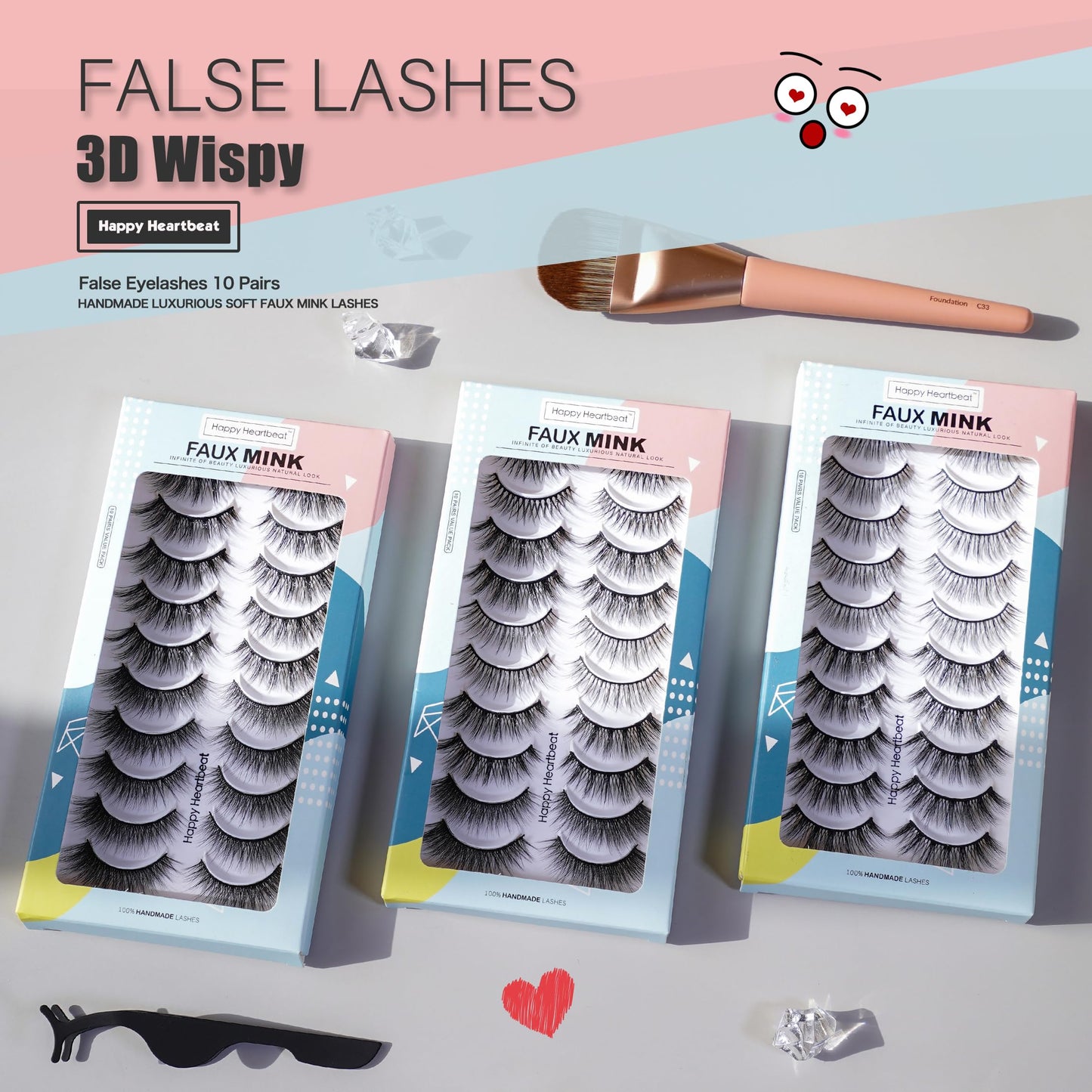 Happy Heartbeat 3D False Eyelashes Spiky Wispy Natural Cat Eye Manga Fluffy Soft Faux Mink lashes Reusable Short Fake Lashes 10 Pairs(H2)
