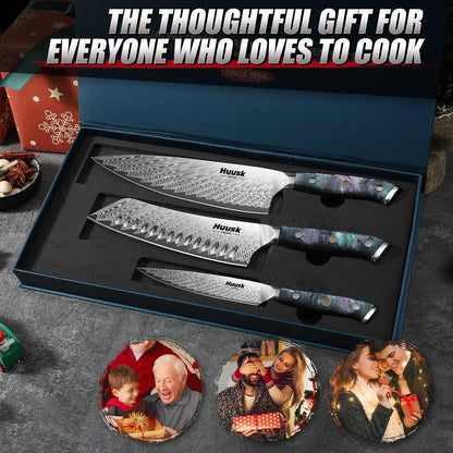 Huusk Japanese Knife Set 3 PCS - Stainless Chef Knife Set with Sheath & Ergonomic Resin Handle, Hand Sharpened Full Tang Professional Kitchen Knives for All Purpose, Gifts Idea for Men Women