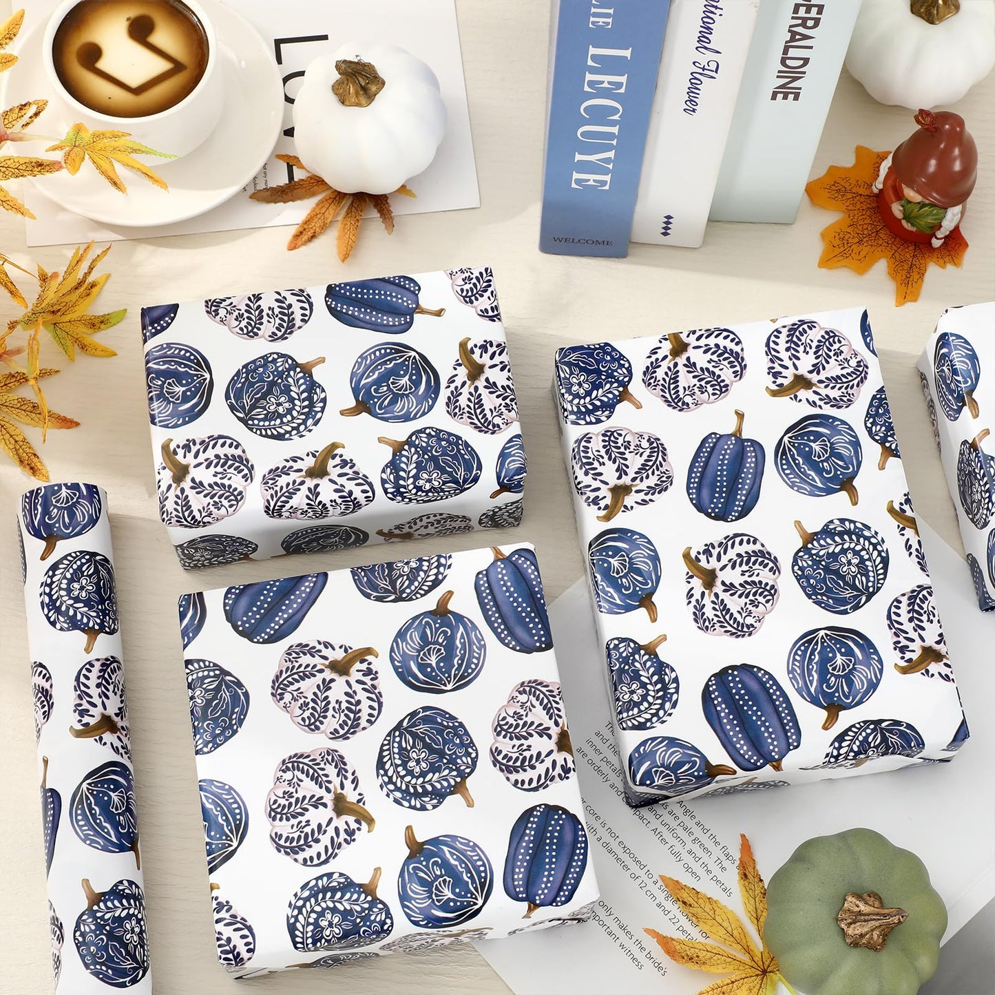 JarThenaAMCS Fall Porcelain Pumpkin Wrapping Paper -Mini Roll- 17 In x 32.8 Ft Chinoiserie Blue Pumpkin Gift Wrap Paper for Autumn Thanksgiving Birthday Party