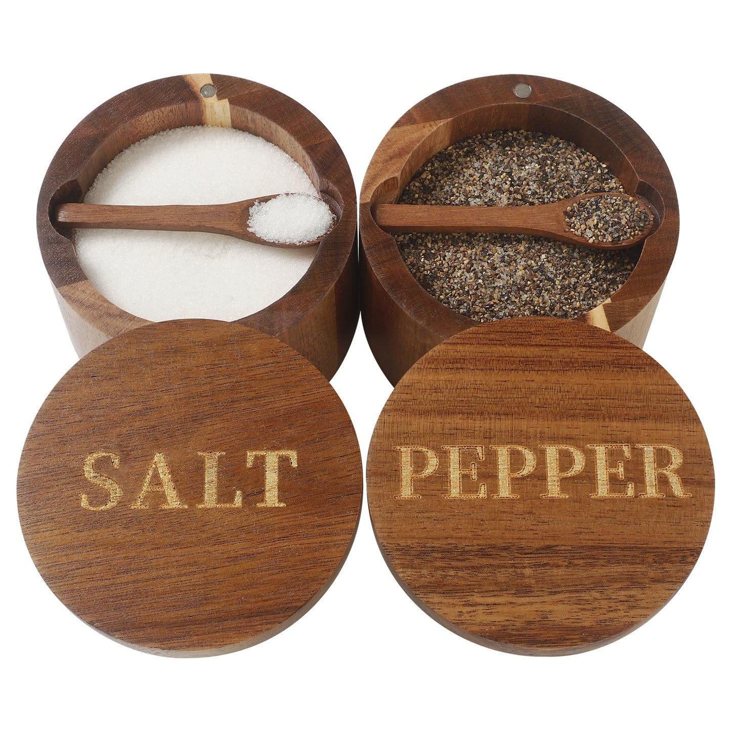 Timtopno Salt Cellar, Elegant Salt and Pepper Set, 2PCS Acacia Wood Salt Container with Built-in Spoon & Swivel Lid, Engraved SALT & PEPPER Box, Salt Holder for Countertop Seasoning Storage