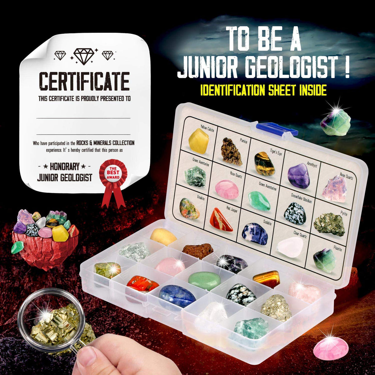 Rocks Collection - 15-Piece Rock Collections for Kids - Cool Geology Gem Kit with Identification Sheet - Gemstones Set Box with Learning Guide and Storage Case - Educational Gift for Kid