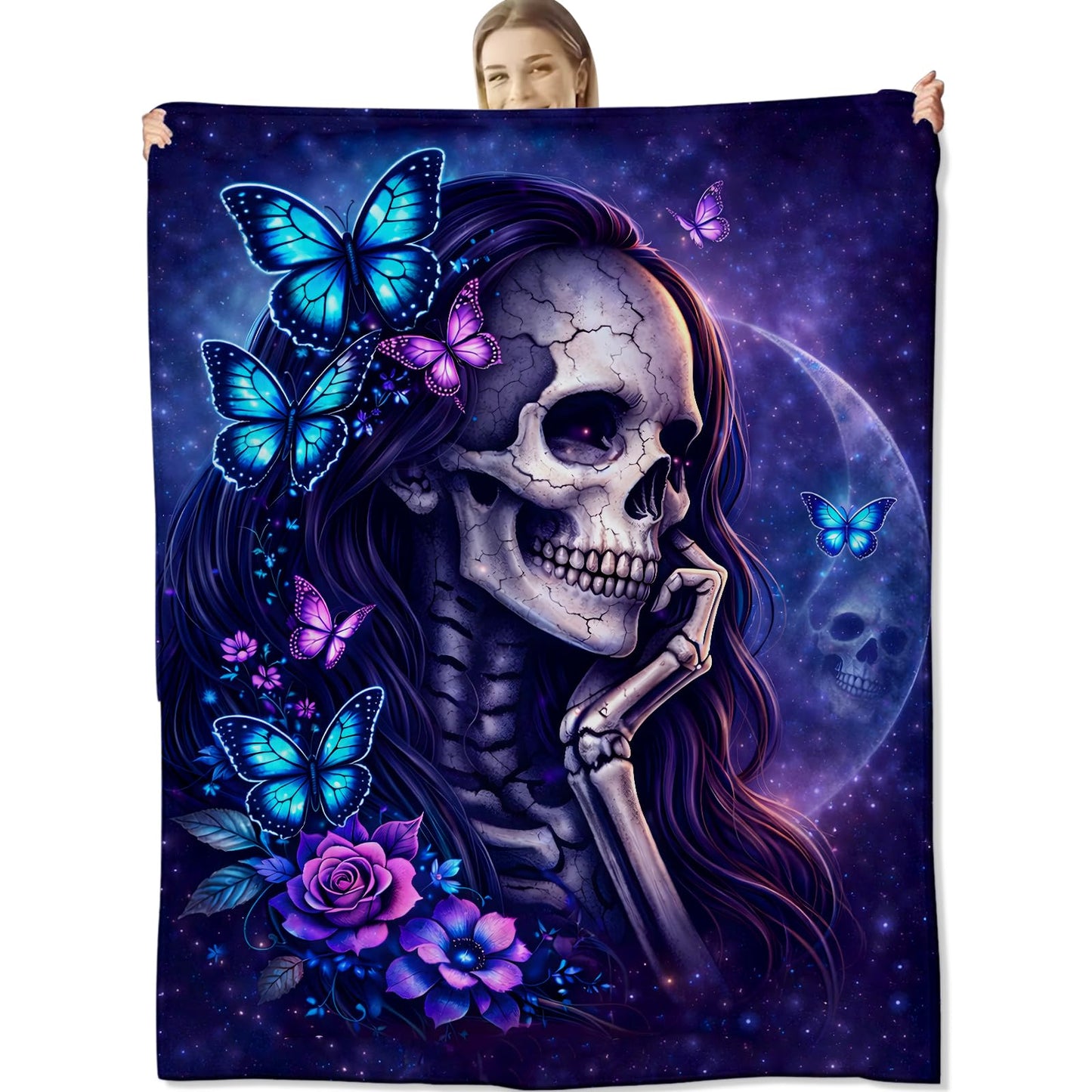 cromcu Gothic Skull Butterfly Flannel Blanket, 60" x 50", Soft Warm Cozy Decorative Throw with Floral Skeleton and Moon, for Women Goth Lovers, Sofa Couch Bed Living Room Bedroom