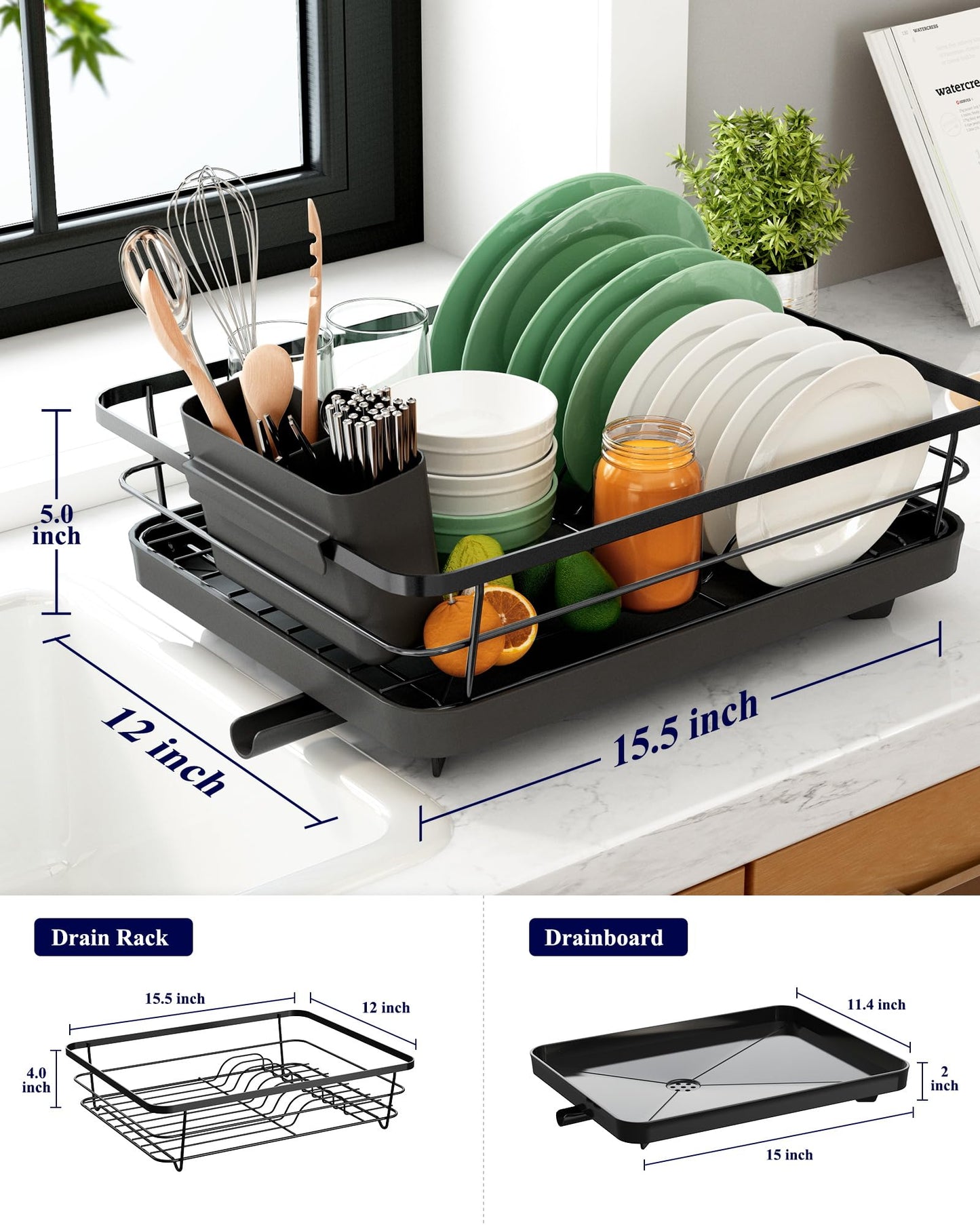 Kitsure Dish Drainer Rack- Space-Saving Dish Drainer, Dish Racks for Kitchen Counter, Stainless Steel Kitchen Drying Rack with a Cutlery Holder, Large, Black