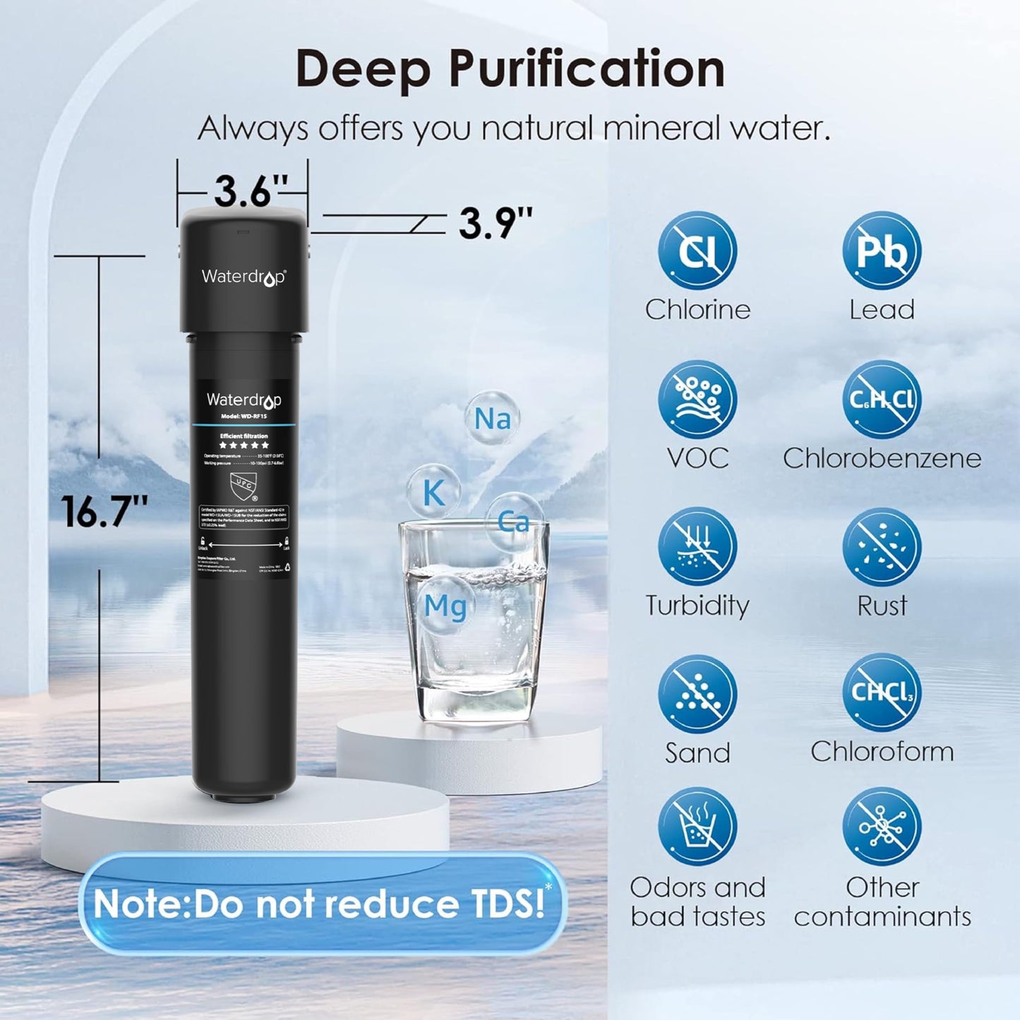 Waterdrop 15UA Under Sink Water Filter, 19000 Gallons High Capacity Water Filter System Direct Connect to Kitchen Faucet, Reduce PFAS, PFOA/PFOS, Lead, Chlorine, Bad Taste, NSF/ANSI 42 Certified