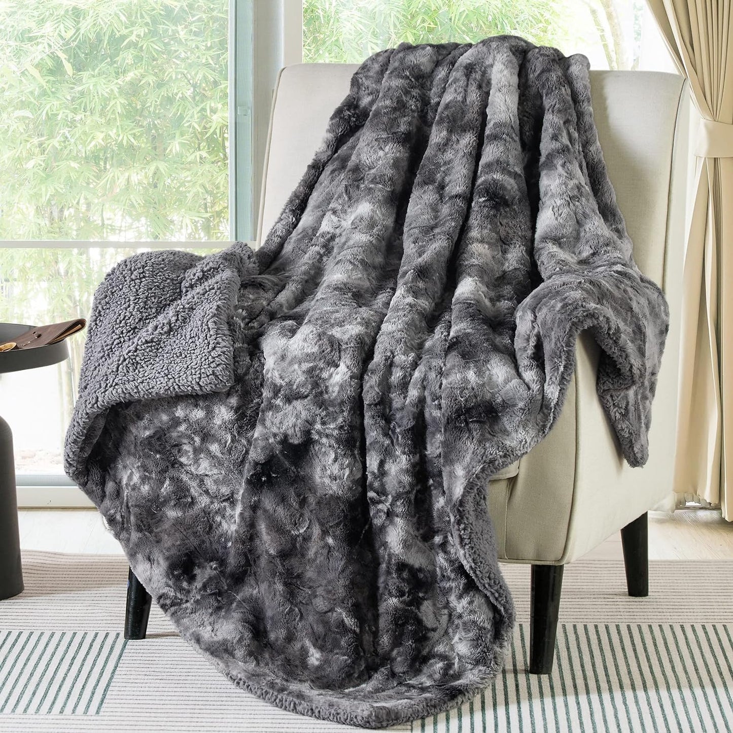 Bedsure GentleSoft Sherpa Fluffy Throw Blanket - Fleece Warm and Cozy Throw for Women Gift, Plush & Fuzzy Faux Fur Blanket for Couch, Sofa, Bed Decor, Tie Dye Design, Grey, 50x60 Inches
