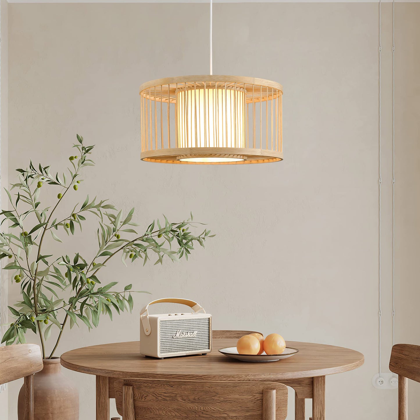Karjearl Boho Rattan Pendant Lights, 15.8" Coastal Drum Wicker Hanging Light Japanese Country Light for Dining Room Kitchen Living Room Bedroom, 1-Light E26 Base