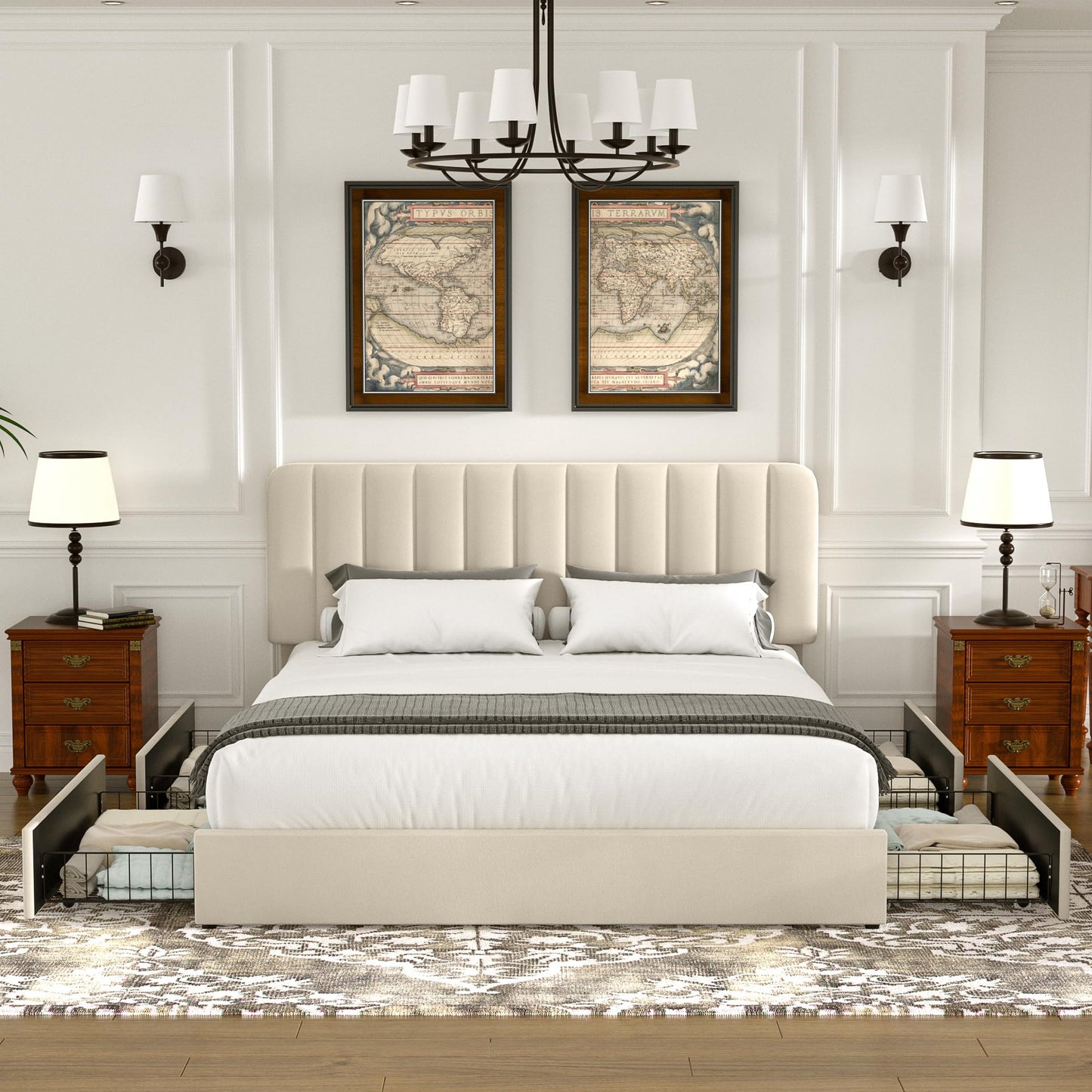 VECELO Queen Size Upholstered Bed Frame with 4 Drawers and Headboard, Velvet Platform Storage Bedframe, Wooden Slats Support, No Box Spring Needed, Beige