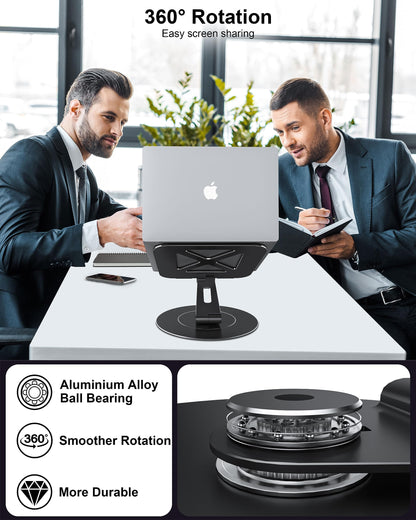 Adjustable Laptop Stand, Computer Stand with 360 Rotating Base, Ergonomic Laptop Riser Mount for Desk Foldable Protable Computer Desk Fits with MacBook Pro Air (10-16") - Black