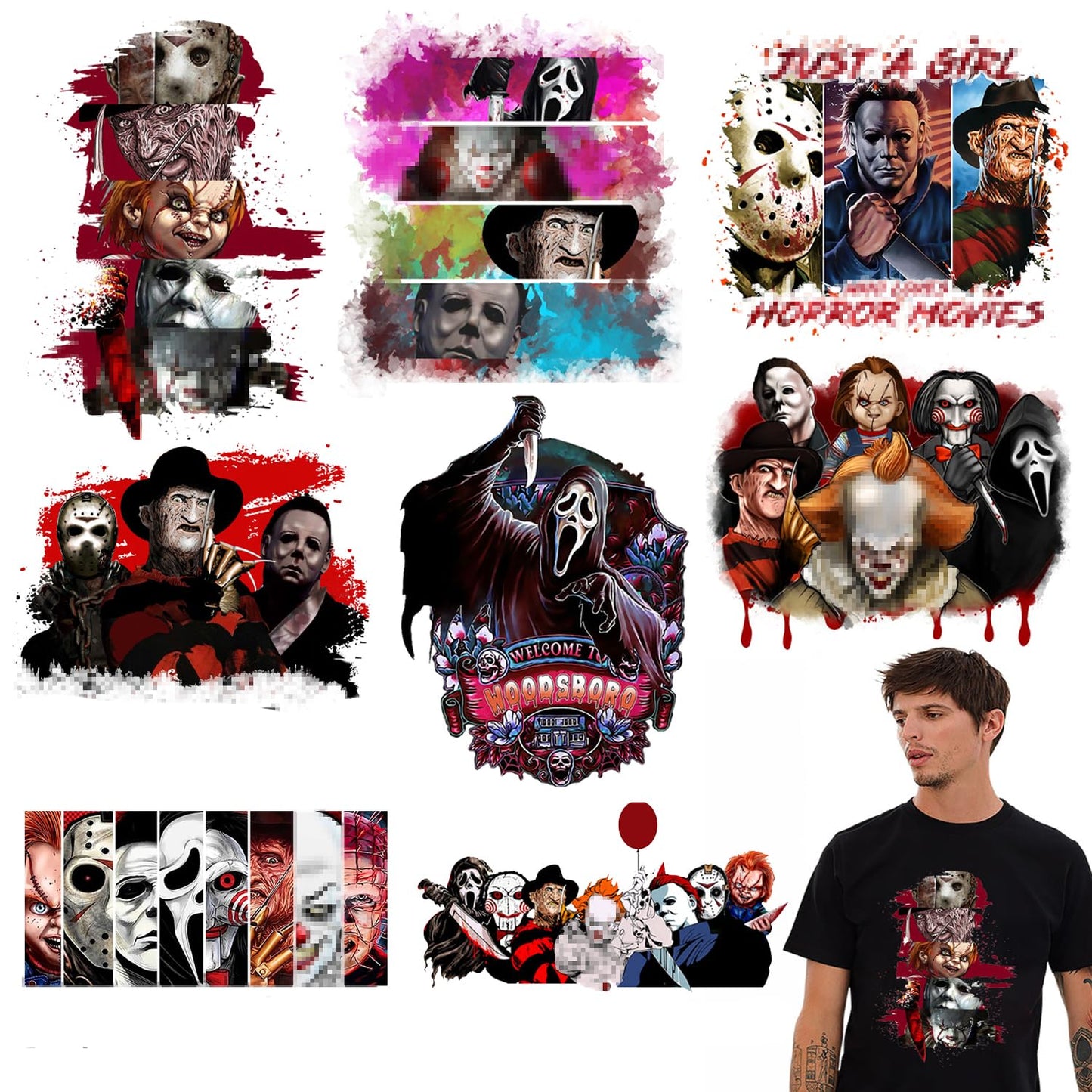 8 Sheet Halloween Iron on Patches Stickers Large Scary Movie Characters Vinyl Heat Transfer Applique Halloween Horror Clown Ghost Face Iron on Decals for T-Shirts Bags Clothing DIY Decorations