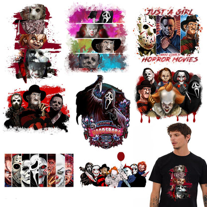8 Sheet Halloween Iron on Patches Stickers Large Scary Movie Characters Vinyl Heat Transfer Applique Halloween Horror Clown Ghost Face Iron on Decals for T-Shirts Bags Clothing DIY Decorations