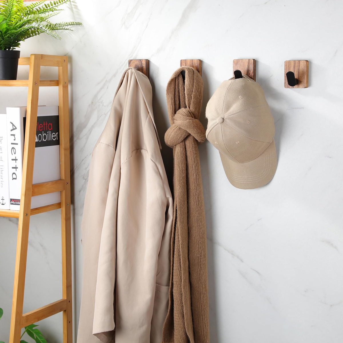 DELITON Towel Hooks for Bathrooms, 4 Pack Adhesive Wood Hooks for Hanging Robes, Towels, Coat, Key, Decorative Wall Utility Hook Heavy Duty