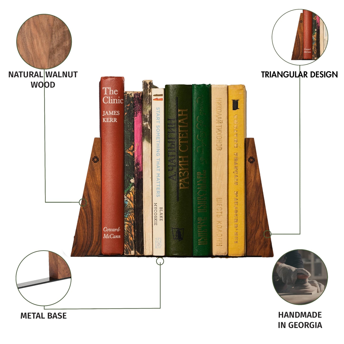 TILISMA Walnut Bookends for Shelves | Wooden Book Ends for Shelves | Sturdy Book Holders, Stoppers with Metal Base for Bookshelves | Slick Decorative Bookends Stands Firmly on Bookshelf (Pair)