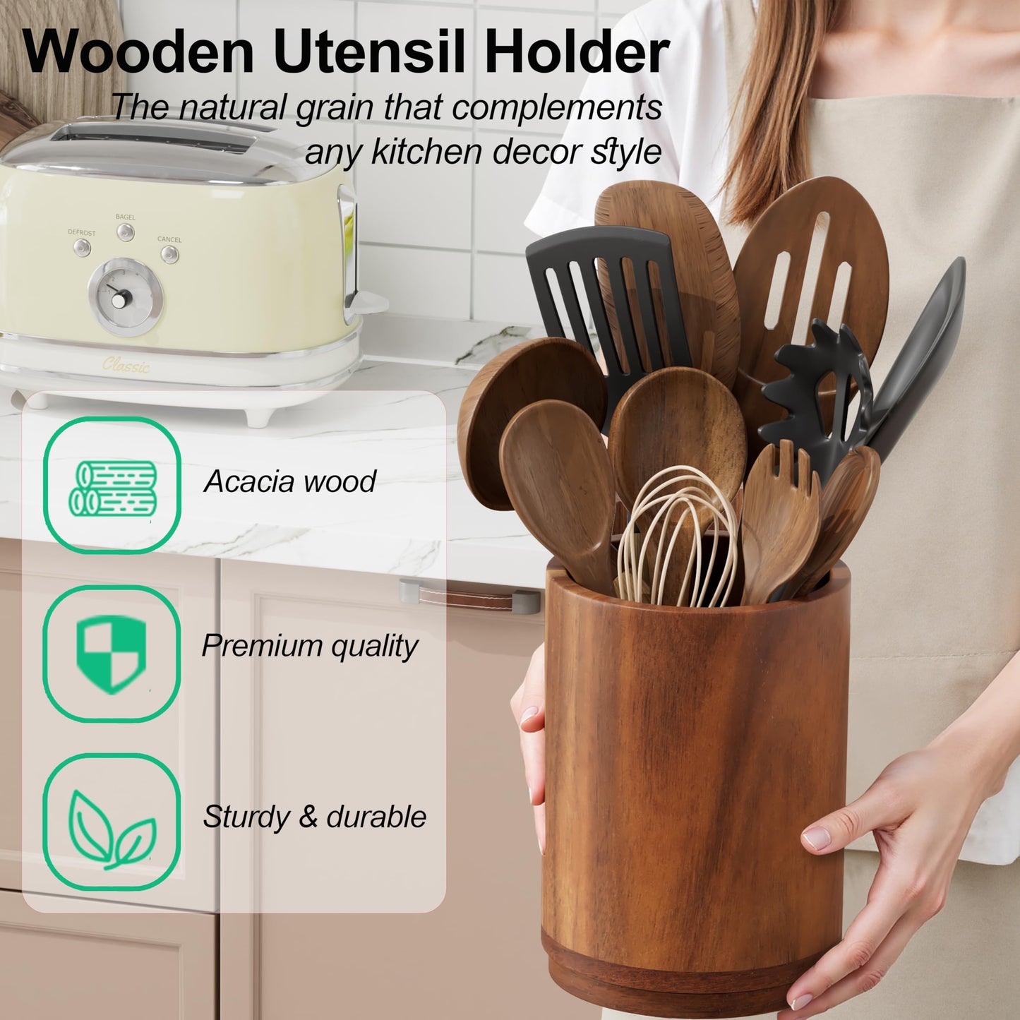 ZUJJAFY Utensil Holder, 360° Rotating Acacia Wood Kitchen Utensil Holder for Counter, 7.2" Large Cooking Utensil Crock for Countertop, Wooden Utensils Organizer for Cooking Spatula Storage