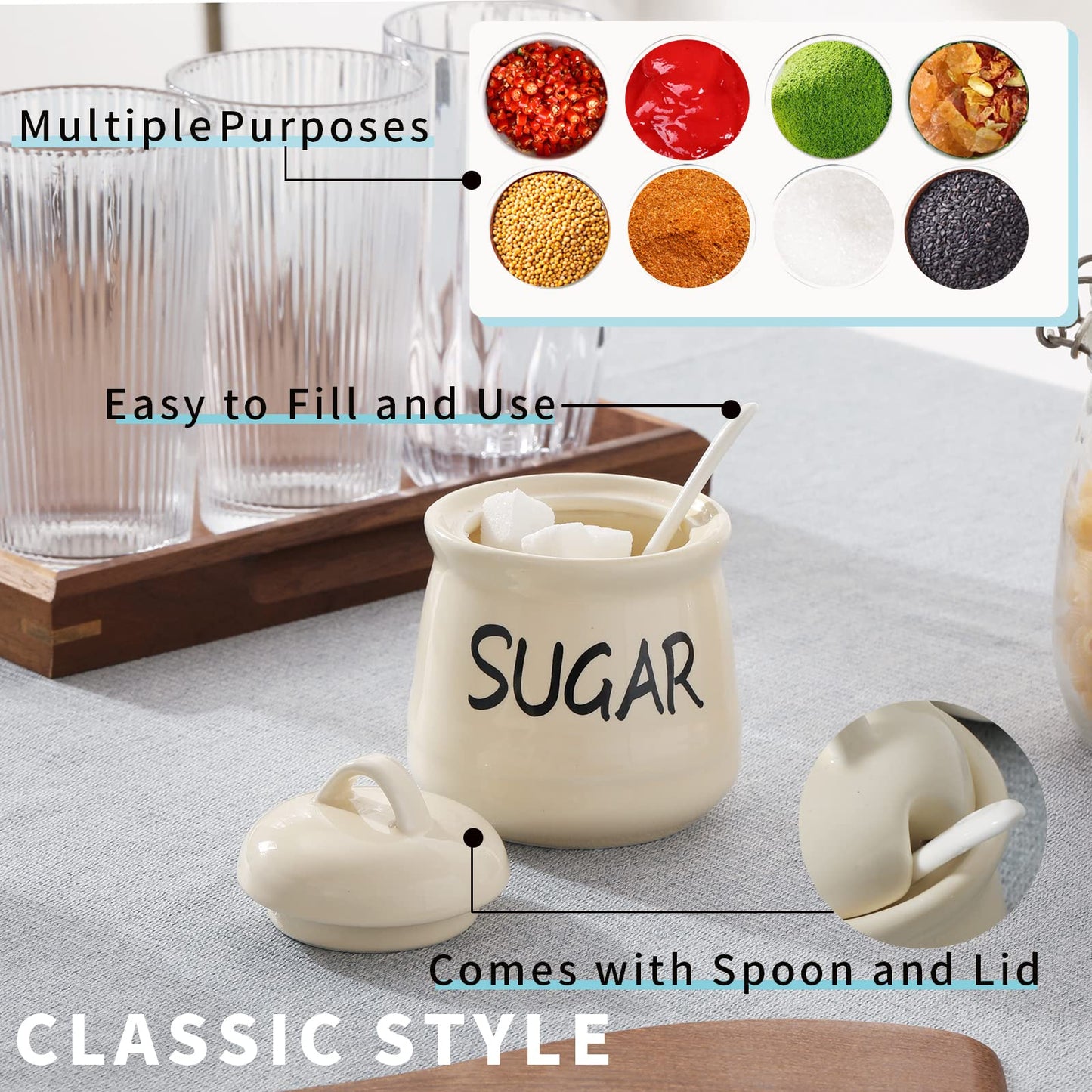 HAOTOP Porcelain Sugar Bowl with Lid and Spoon 12oz (Beige)