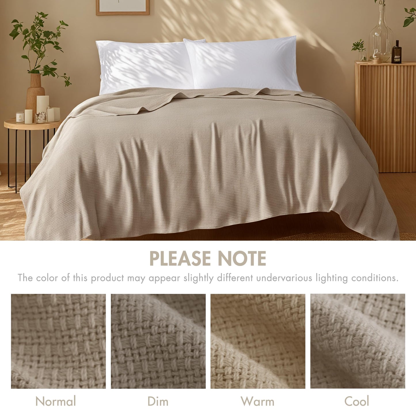 Madison Park Freshspun Basketweave Luxury Cotton Blanket Khaki 108x90" King Size Basketweave Premium Soft Cozy 100% Cotton For Bed, Couch or Sofa