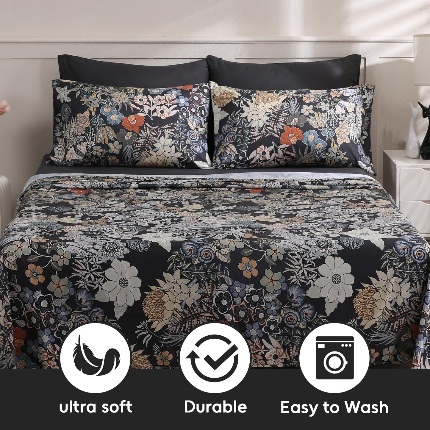 LONAVA Flower Queen Size 6 Pcs Sheet Set, Breathable Microfiber Deep Pocket Black Fitted Sheets, Comfy & Breathable Patterned Flat Sheets,4 Gentle Soft Pillowcases, Midnight Blossoms