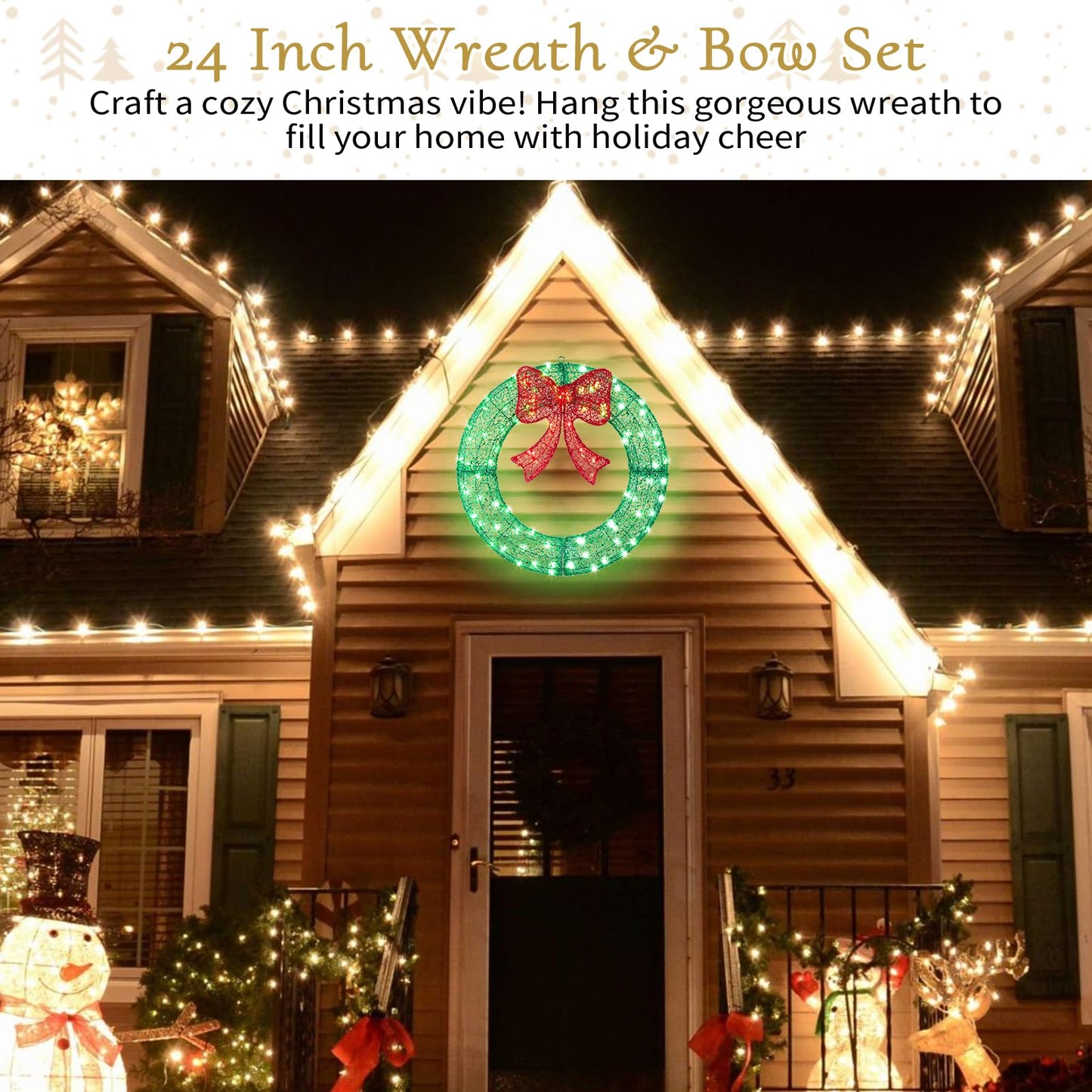 24" Pre-Lit Outdoor Christmas Wreath with 140 LED Lights and Bow, Lighted Metal Christmas Wreath Decoration with Timer Function for Xmas Home Wall Front Door Window Garage (Green/Red, 24in)