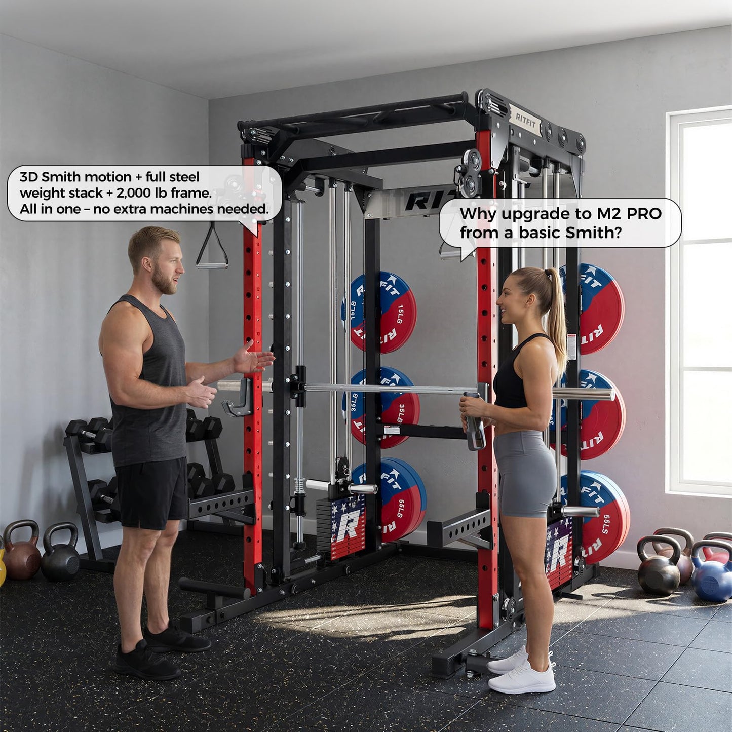 RitFit M2 Smith Machine with Cable Crossover System, 3D Functional Trainer & Power Cage, 16 Adjustment Holes, 6 Storage Pegs for Full-Body Home Gym(M2 PRO-3D Black with BP230)