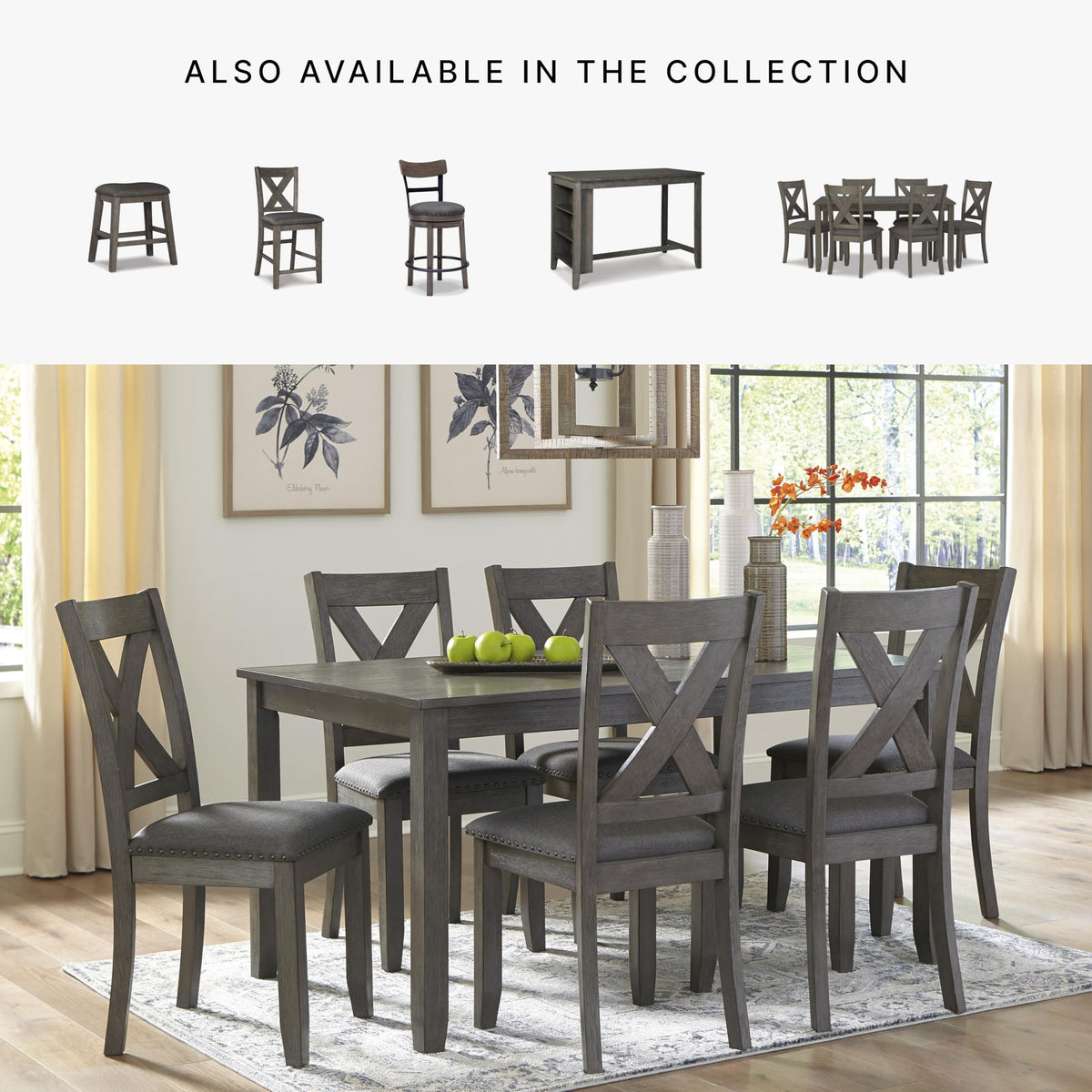 Signature Design by Ashley Caitbrook Rustic 7-Piece Dining Set – Rectangular Table with 6 X-Back Upholstered Chairs, Gray