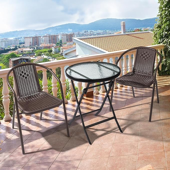 VINGLI PE Rattan Outdoor Dining Chairs Set of 1, Plastic Stackable Patio Chairs for Indoor, Porch, Restaurant, Garden, Brown