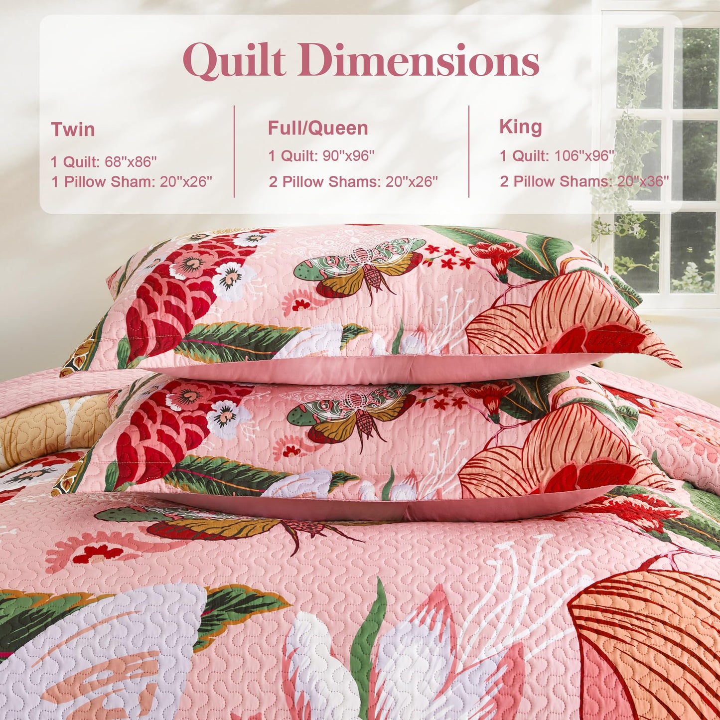 Tyrot 3 Piece Pink Boho Floral Full/Queen Quilt Sets Farmhouse Botanical Reversible Lightweight Bedspread with 2 Shams Butterfly Microfiber Bedding Quilts Set for All Season, 90''x96''