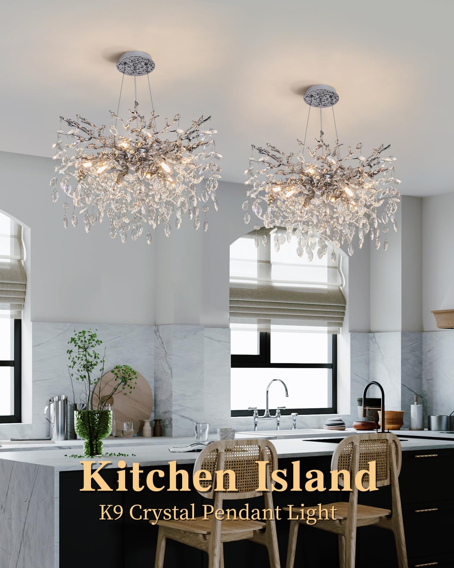 witkey Modern Tree Branch Crystal Chandelier Luxury Silver Crystal Pendant Lighting 23.6" Contemporary 8-Light Chandeliers for Dining Room Kitchen Bedroom Living Room