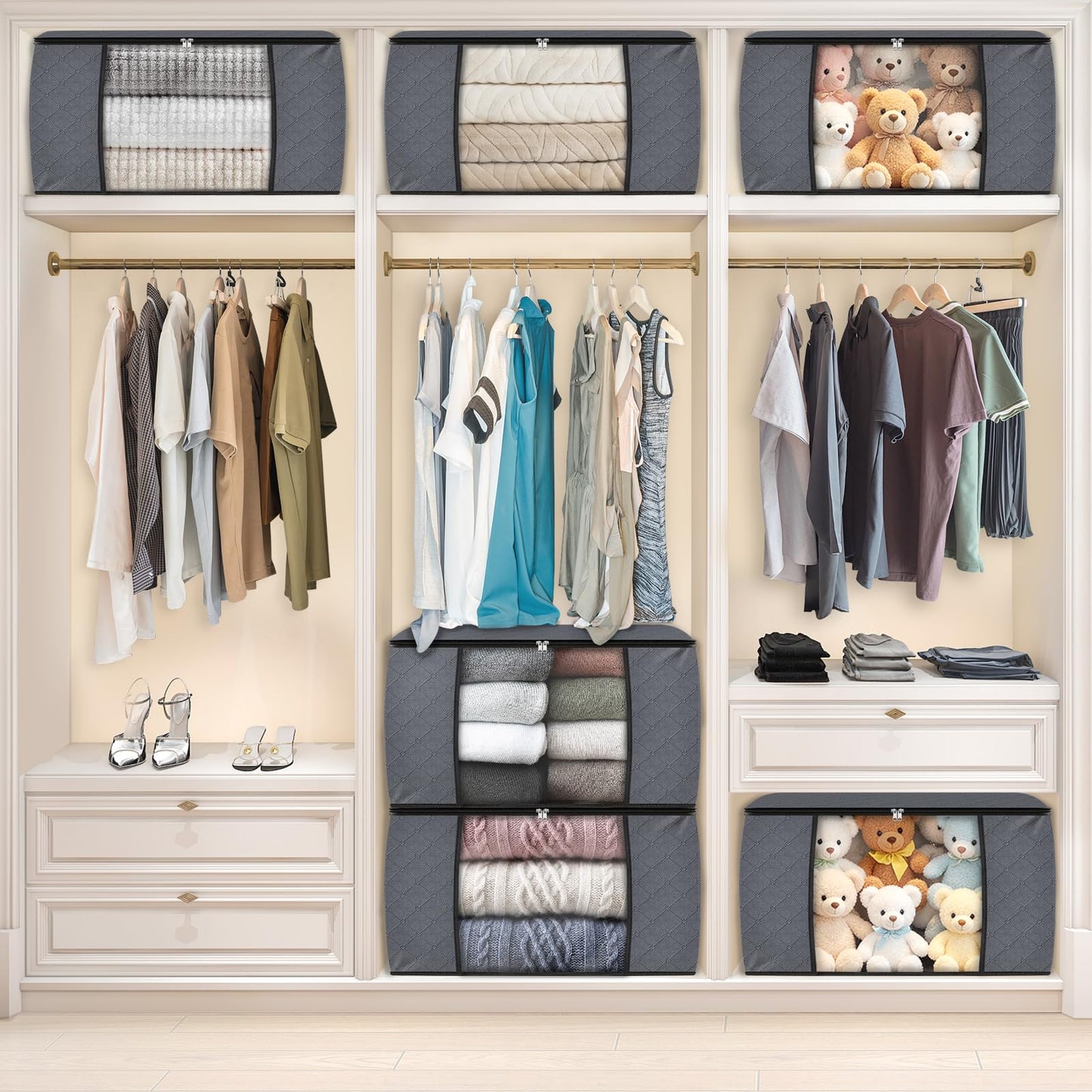 Fab totes 6 Pack Storage Bags for Clothes and Blanket, Foldable Closet Organizers and Storage with Zippers, Clear Window and Handles, Fabric Storage Bins for Sweater, Comforter, Bedding,Linen Sheets