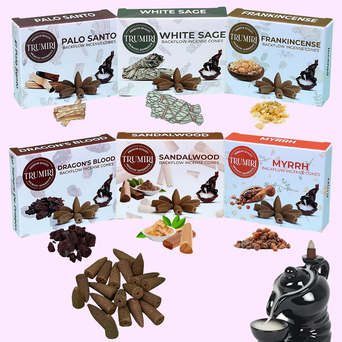 Woody - Backflow Incense Cones for Waterfall - Scented Inscents-Cones - Sandalwood, Dragons Blood, Palo Santo, White Sage - Insiensos Aromaticos - 6x10=60 Large Variety Pack - Back Flow Down Reverse