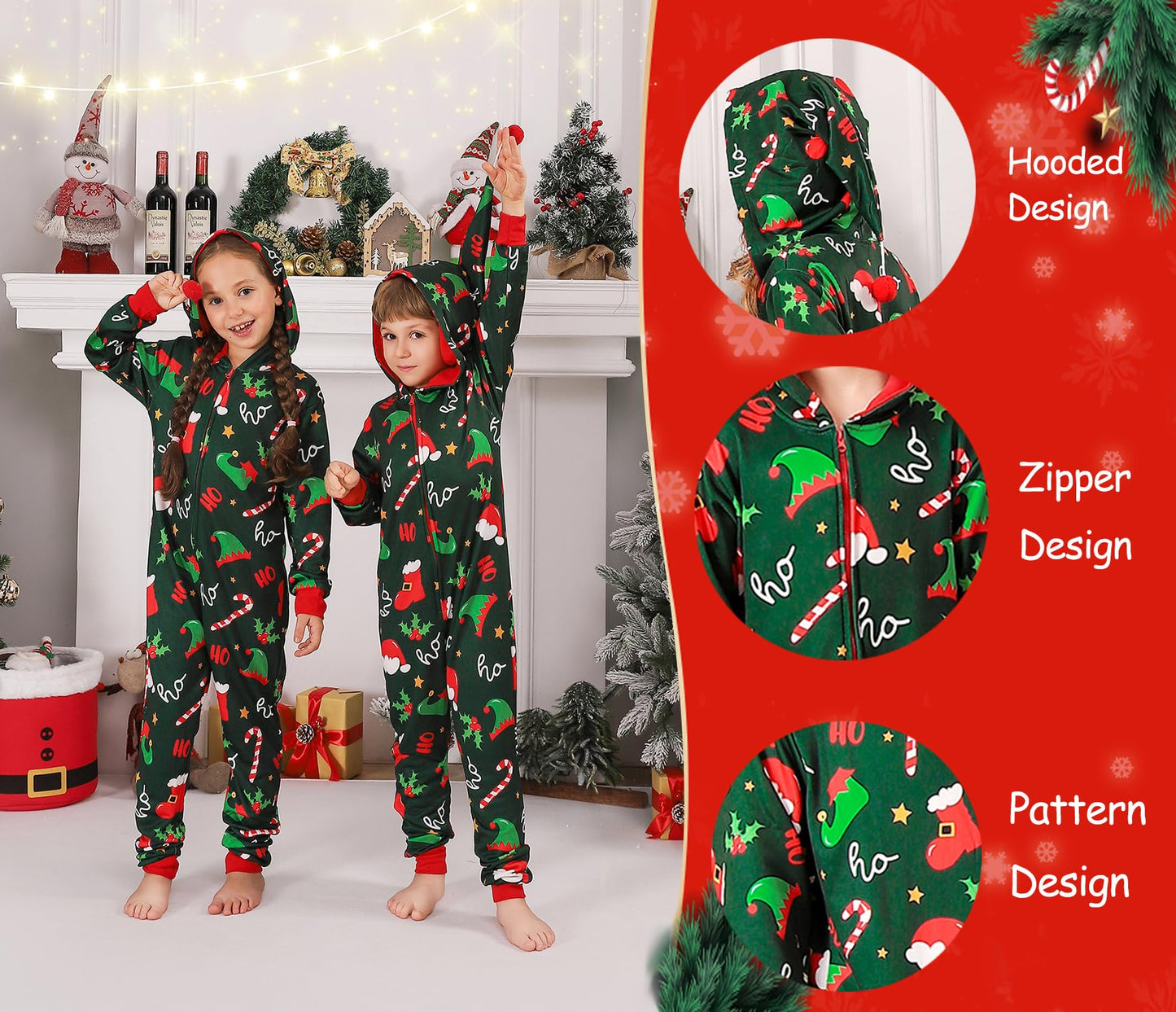 ANGELGGH Family Matching Christmas Onesie Pajamas, Vacation Cute Printed One Piece Pajamas, Xmas Hooded Holiday Sleepwear (Green Elf Hat, 8-10)
