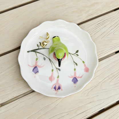 RIHDXCH Hummingbird Ceramic Jewelry Tray– Fuchsia Holiday Trinket Plate for Rings, Earrings & Gifts Handmade Ceramic Jewelry Dish.Valentine's Day Mother's Day Any scenario