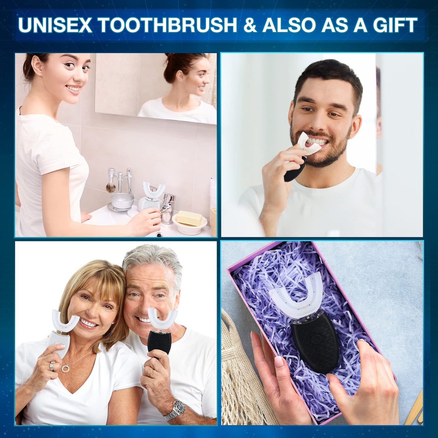 Romooa 2 Pieces Ultrasonic Electric Toothbrush Adults U Shaped Automatic Toothbrushes for Teeth Whitening, 3 Brush Heads, Whole Mouth 360 Degree Cleaning Hands Rechargeable IPX7 Waterproof (No Base)